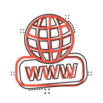 Global search icon in comic style. Website address cartoon vector illustration on white isolated background. WWW network splash effect business concept.