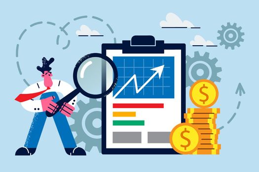 Businessman hold magnifying glass analyze financial trends check graphs and charts. Man employee with magnifier consider business finance statistics. Money and banking. Vector illustration.