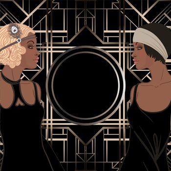 Retro fashion: glamour girl of twenties (African American woman). Vector illustration. Flapper 20's style. Vintage party invitation design template. Fancy black lady.