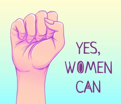 Yes, Women Can. Woman's hand with her fist raised up. Girl Power. Feminism concept. Realistic style vector illustration in pink pastel goth colors.