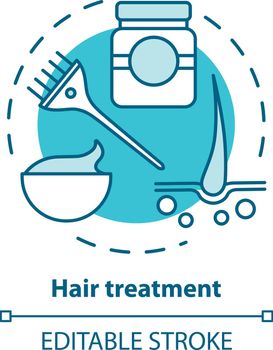 Hair treatment blue concept icon. Hair care and cosmetology procedures. Hairstyling idea thin line illustration. Hairdresser salon, hairstylist parlor. Vector isolated outline drawing. Editable stroke