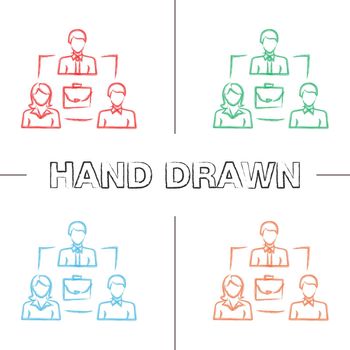 Staff interaction hand drawn icons set
