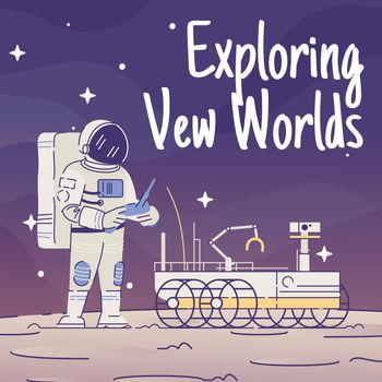 Exploring new worlds social media post mockup. Cosmonaut with moon rover. Advertising web banner design template. Social media booster, content layout. Promotion poster, print ads, flat illustrations