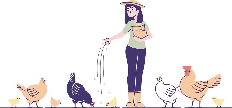 Female farmer feeding chickens flat vector character. Poultry backyard farm cartoon concept with outline. Hens, rooster and chicks pecking grain. Poultry breeding, rural hennery, bird agriculture