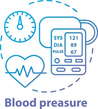 Blood pressure control device concept icon. Heart monitoring idea thin line illustration. Systolic and diastolic pressure on manometer screen. Vector isolated outline drawing. Editable stroke