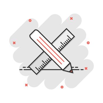 Vector cartoon pencil with ruler icon in comic style. Ruler meter sign illustration pictogram. Office gear business splash effect concept.