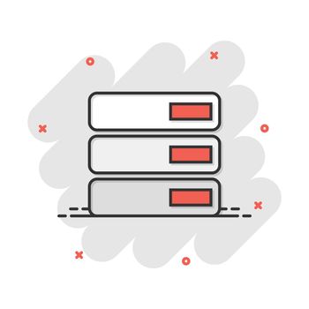 Vector cartoon database, server icon in comic style. Storage sign illustration pictogram. Server business splash effect concept.