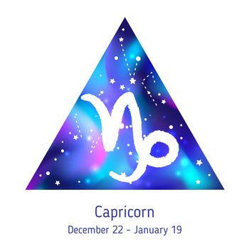 Zodiac sign Capricorn over hipster triangle with space galactic starry texture inside. Night sky full of stars. Vector galaxy design for horoscope predictions, fortune telling