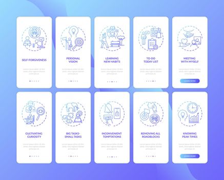 Overcoming procrastination onboarding mobile app page screen with concepts set