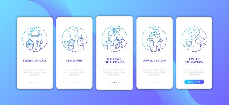Procrastination effects onboarding mobile app page screen with concepts