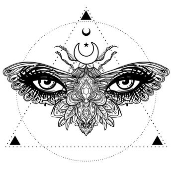 Weird beautiful moth on an girl face. Ornate decorated butterfly wings for eyes. Hand drawn vector illustration. Fantasy, occultism, tattoo art, coloring books, spirituality.