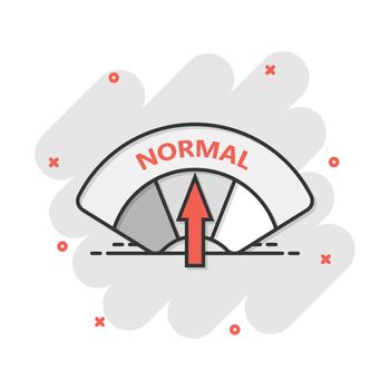 Cartoon normal level icon in comic style. Speedometer, tachometer sign illustration pictogram. Normal level splash business concept.