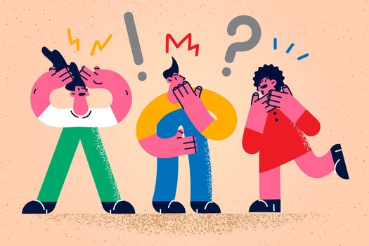 Frustrated young people feel confused have communication problem. Diverse friends distressed with verbal misunderstanding. Diversity concept. Multicultural world. Flat vector illustration.