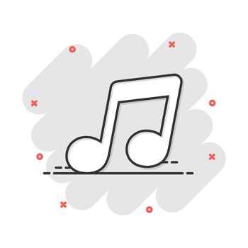 Vector cartoon music icon in comic style. Sound note sign illustration pictogram. Melody music business splash effect concept.
