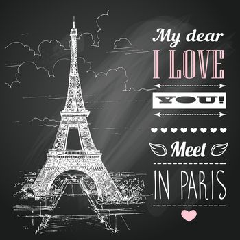 Typographical Retro Style Poster With Paris Symbols And Landmarks On Blackboard With Chalk