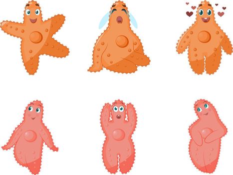 Six emotional starfish depicted in various poses. Joy sadness love dreaminess fright shyness Vector illustration isolated on a white background.