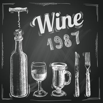 Set of wine, wine club, wine red, wine white, wine glass and stylized for the drawing with chalk of red, white on the blackboard. Vector