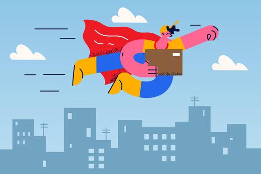 Courier as superhero deliver parcel to client