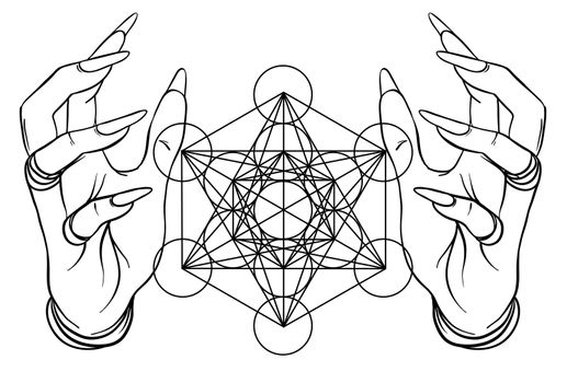 Vintage style human hands with sacred geometry symbols. Dotwork ink tattoo flash design. Vector illustration isolated on white. Astrology, Sacred Mandala, Flower of life