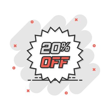 Vector cartoon discount sticker icon in comic style. Sale tag illustration pictogram. Promotion 20 percent discount splash effect concept.