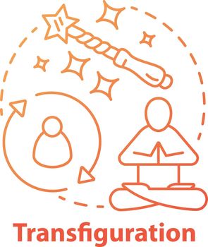 Transfiguration concept icon. Wizardry and witchcraft idea thin line illustration. Appearance alteration, transformation spell. Magic wand and meditating monk vector isolated outline drawing