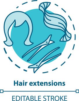 Hair extensions blue concept icon. Clip in hair tapes, wig and accessories. Hairstyling idea thin line illustration. Hairdresser, hairstylist parlor. Vector isolated outline drawing. Editable stroke