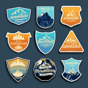 Set of mountain travel emblems. Camping outdoor adventure emblems, badges and logo patches