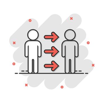 People referral icon in comic style. Business communication vector cartoon illustration pictogram. Reference teamwork business concept splash effect.