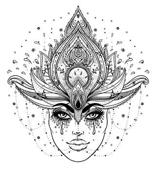 Tribal Fusion Boho Diva. Beautiful Asian divine girl with ornate crown, kokoshnik inspired. Bohemian goddess. Hand drawn elegant illustration. Lotus flower, ethnic art