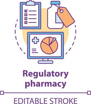 Pharmacy concept icon. Regulatory pharmacology idea thin line illustration. Medicine effectiveness and safety tests. Newly developed drug research. Vector isolated outline drawing. Editable stroke