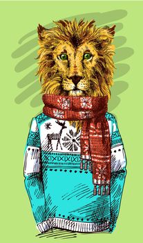 Lion in knitted sweater.