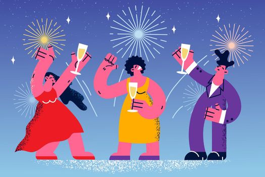 Happy people drink champagne celebrate New Year together. Smiling men and women have fun enjoy Christmas party or celebration with fireworks. Festive time. Flat vector illustration.