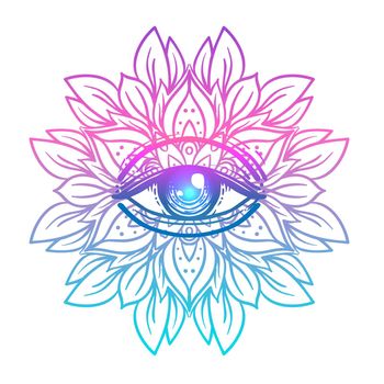 Sacred geometry symbol with all seeing eye in acid colors. Mystic, alchemy, occult concept. Design for indie music cover, t-shirt print, psychedelic poster, flyer.