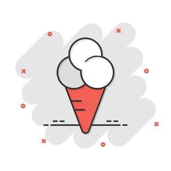 Ice cream icon in comic style. Sundae cartoon vector illustration on white isolated background. Sorbet dessert splash effect business concept.