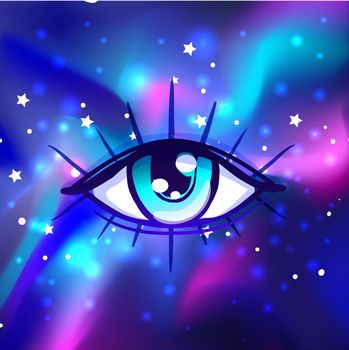 Galaxy in your eye. Vector bright colorful cosmos background. Magic fairy face, nebula make up with stars. Hand-drawn Eye of Providence. Alchemy, religion, spirituality, occultism.