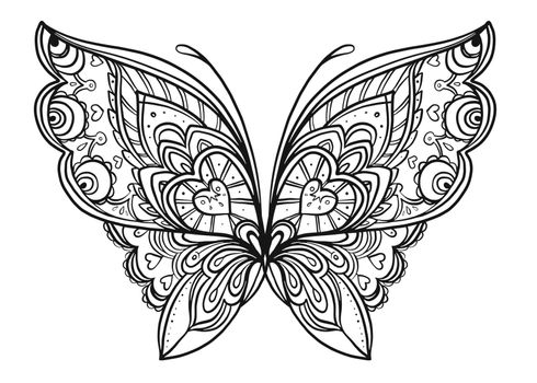 Hand drawn butterfly zentangle for t-shirt design or tattoo. Coloring book for kids and adults.