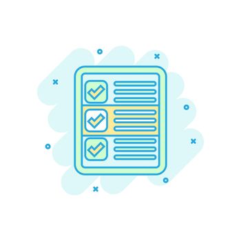 Questionnaire icon in comic style. Online survey vector cartoon illustration on white isolated background. Checklist report splash effect business concept.