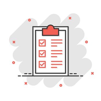 Checklist clipboard sign icon in comic style. Document list vector cartoon illustration on white isolated background. Questionnaire notepad business concept splash effect.