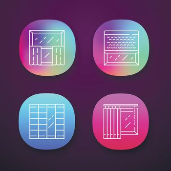 Window decoration app icons set. Cafe curtains, vertical blinds, woven wood shades, shoji panels. Shop interior design. UI/UX user interface. Web or mobile applications. Vector isolated illustrations
