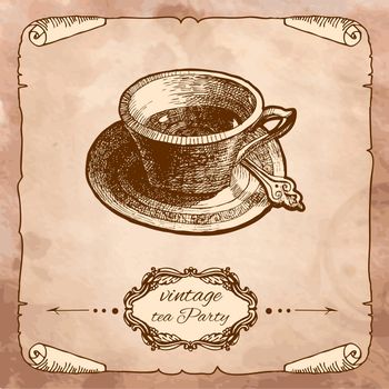 Cup icon isolated on vintage background. Hand drawing sketch vector illustration