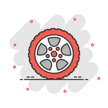 Car wheel icon in comic style. Vehicle part cartoon vector illustration on white isolated background. Tyre splash effect business concept.
