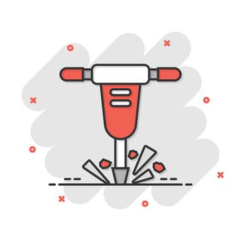 Jackhammer icon in comic style. Demolish package vector illustration on white isolated background. Destroy splash effect business concept.