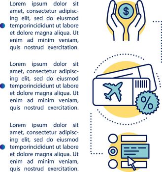 Discount flight article page vector template. Cheap, low cost tickets. Brochure, magazine, booklet design element with linear icons and text boxes. Print design. Concept illustrations with text space
