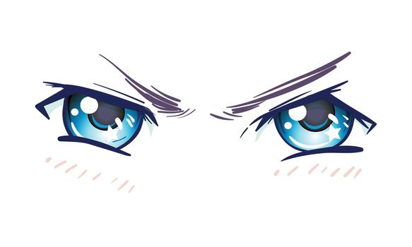 Colorful beautiful eyes in anime (manga) style with shiny light reflections. Bright vector illustration isolated. Aggressive emotions: expression of hate. Pastel goth colors.