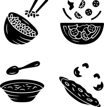 Organic food glyph icons set. Rice, vegetables, eggs. Salad, soup, omelett. Healthy nutrition. Dinner, supper restaurant menu. First, second course. Silhouette symbols. Vector isolated illustration
