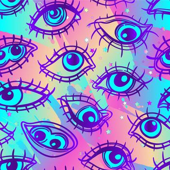 Eyes, seamless pattern over colorful dotted retro 80s, 90s abstract background. Vintage psychedelic textile, fabric, wrapping, wallpaper. Vector illustration. Astrology, religion.