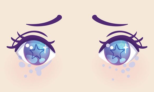 Colorful beautiful eyes in anime (manga) style with shiny light reflections. Bright vector illustration isolated. Emotions: expression of sadness. Pastel goth colors.