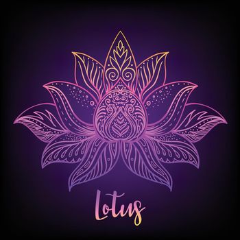 Vector ornamental Lotus flower, ethnic art, patterned Indian paisley. Hand drawn illustration. Invitation element. Tattoo, astrology, alchemy, boho and magic symbol. Gradient over black