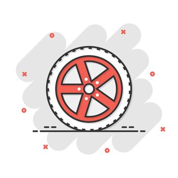 Car wheel icon in comic style. Vehicle part cartoon vector illustration on white isolated background. Tyre splash effect business concept.