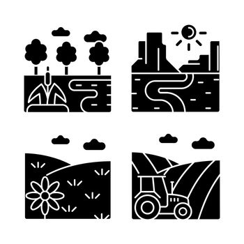 Diverse land types black glyph icons set on white space